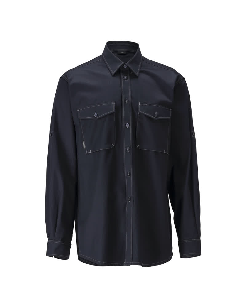 Schwarzblaues MASCOT® Greenwood CROSSOVER Arbeitshemd in Größe 37-38 mit langen Ärmeln, Knopfleiste und zwei Brusttaschen vorne