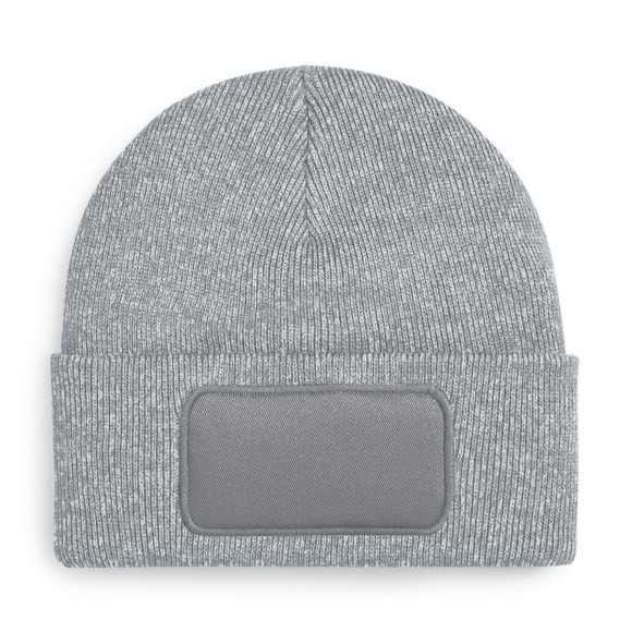 Graue Strick-Beanie mit Umschlag und Logo-Patch vorne