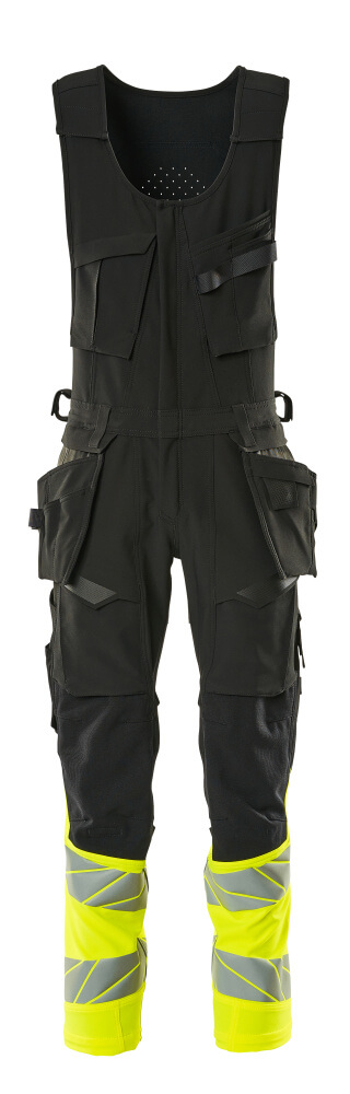 MASCOT® ACCELERATE SAFE Kombihose in Schwarz/Hi-vis Gelb, fluoreszierende Warnschutzhose mit Reflexstreifen, leichtem 4-Wege-Stretch, robusten Verstärkungen und abnehmbaren Hängetaschen für professionelle Handwerker