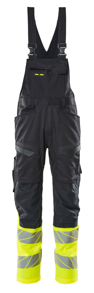 MASCOT® ACCELERATE SAFE Latzhose mit Knietaschen, schwarzblaue Warnschutz-Latzhose mit hi-vis gelben Reflexzonen für hohe Sichtbarkeit, Modell 76C46
