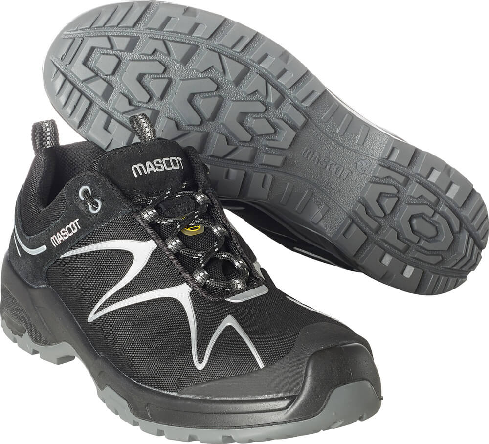 MASCOT® FOOTWEAR FLEX Sicherheitsschuhe Schwarz/Silber, metallfrei mit Komposit-Zehenkappe, Textilnagelschutz und stoßabsorbierender, flexibler PU/PU-Laufsohle