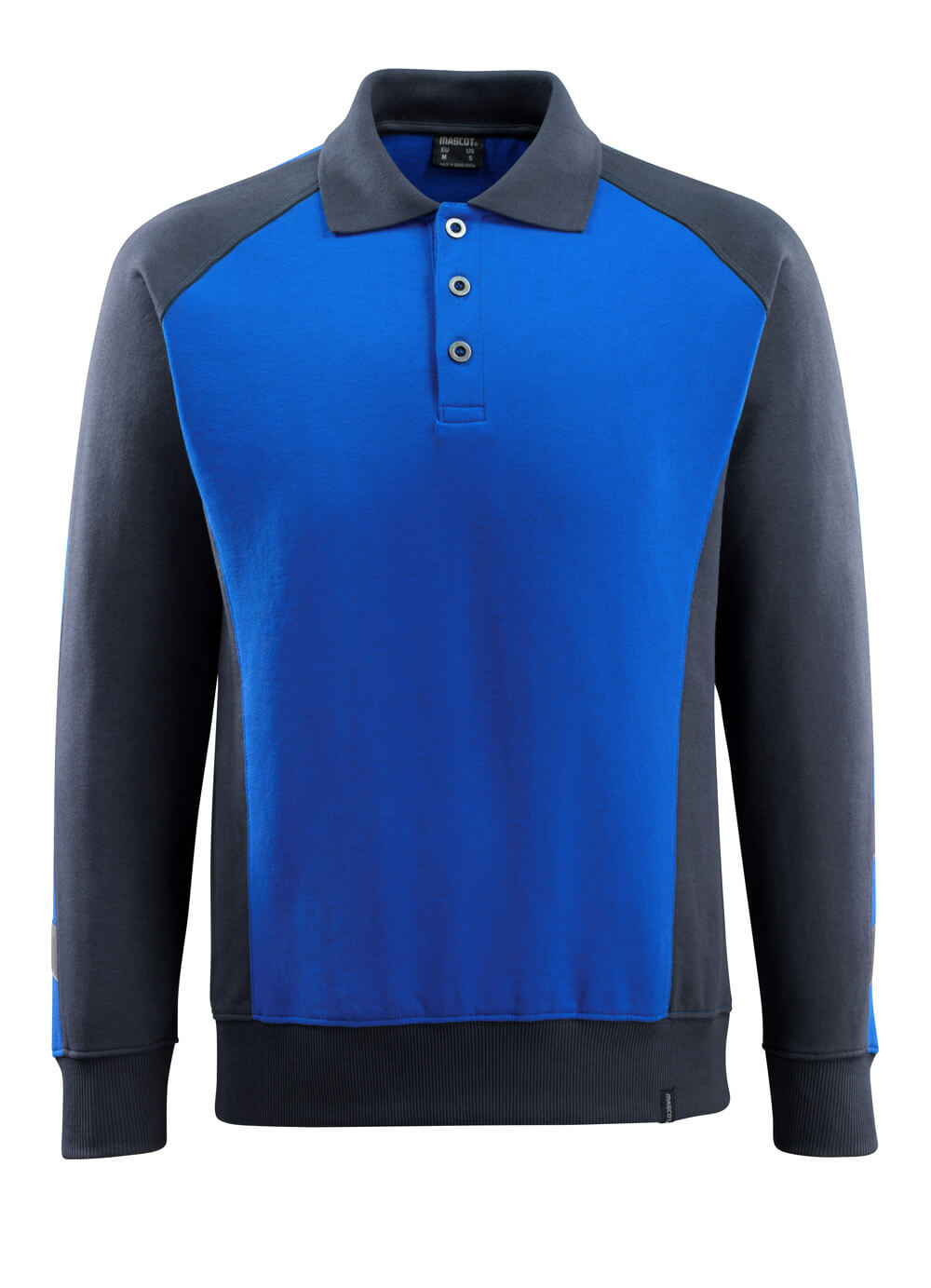 MASCOT® Magdeburg UNIQUE Polo-Sweatshirt in Kornblau/Schwarzblau, moderne körpernahe Passform mit Strickkragen, Knopfleiste und Rippbündchen, ideal für Arbeitskleidung und Firmenlogo