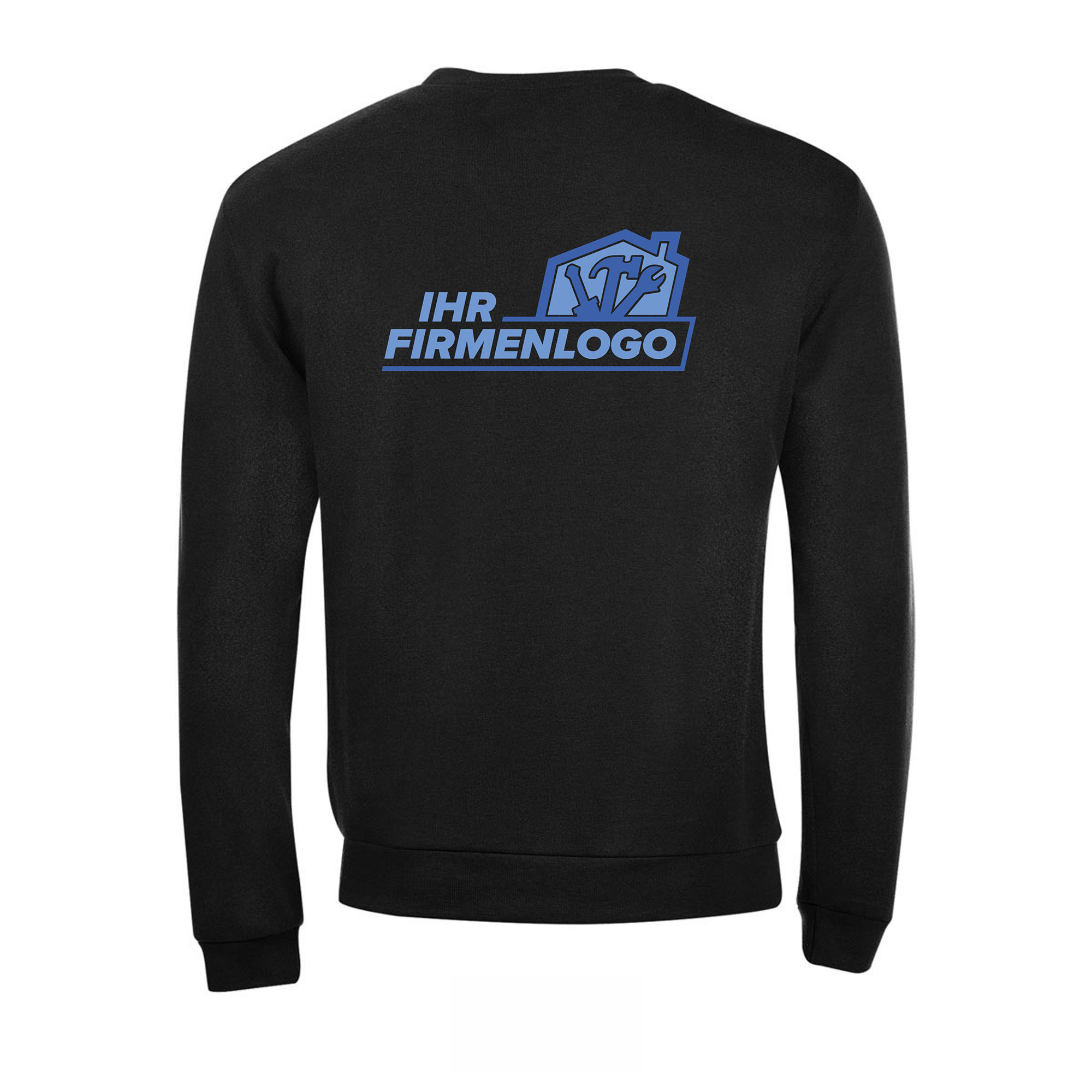 Schwarzes Handwerker Sweat-Shirt mit blauem Firmenlogo hinte