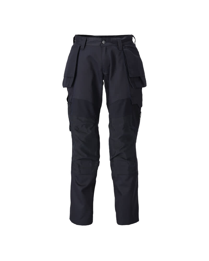 Schwarzblaue MASCOT® ACCELERATE Arbeitshose mit ergonomischen Beinen, Stretch-Zonen und abnehmbaren CORDURA® Hängetaschen mit Patten und Taschen für Werkzeug und Smartphone