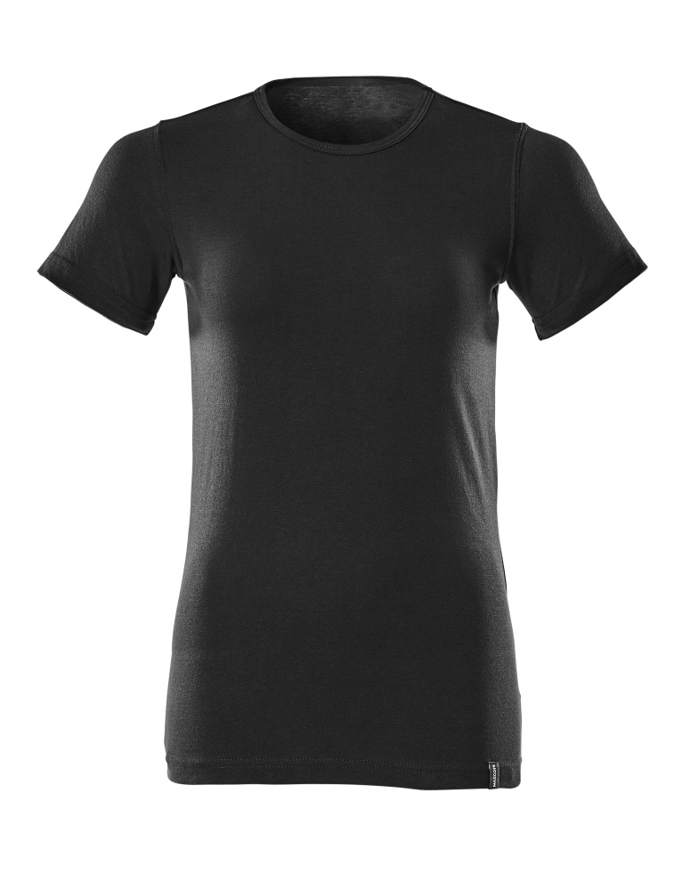 Produktfoto eines schwarzen Damen T-Shirts mit kurzem Arm und Rundhalsausschnitt vor weißem Hintergrund