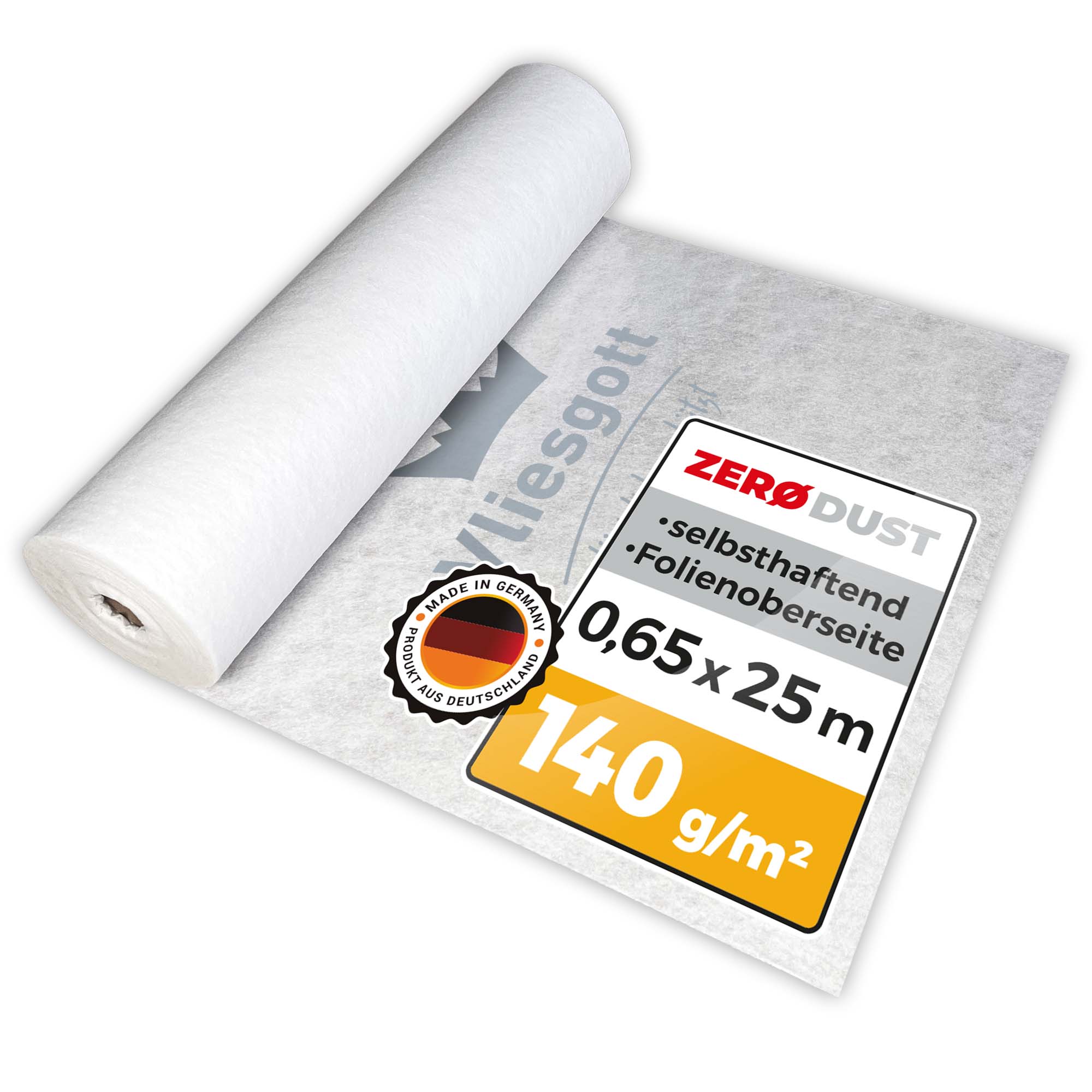 Rolle Zero Dust BSV selbsthaftendes Boden- und Treppenschutzvlies Vliesgott, Abdeckvlies 140 g/m², 0,65 m x 25 m, rutschfest, flüssigkeitsdicht, mit Folienoberseite und Made in Germany Siegel