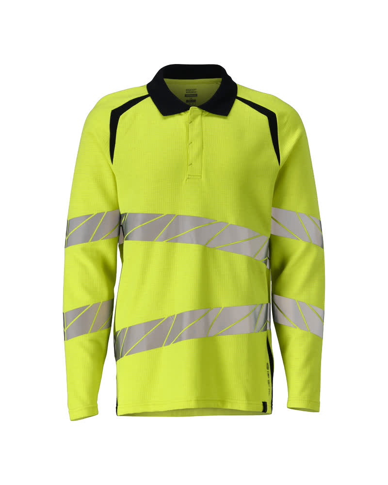 MASCOT® ACCELERATE MULTISAFE langärmeliges Polo-Shirt in Hi-Vis Gelb/Schwarzblau mit schrägen Reflexstreifen, antistatisch, flammhemmend und UV-Schutz