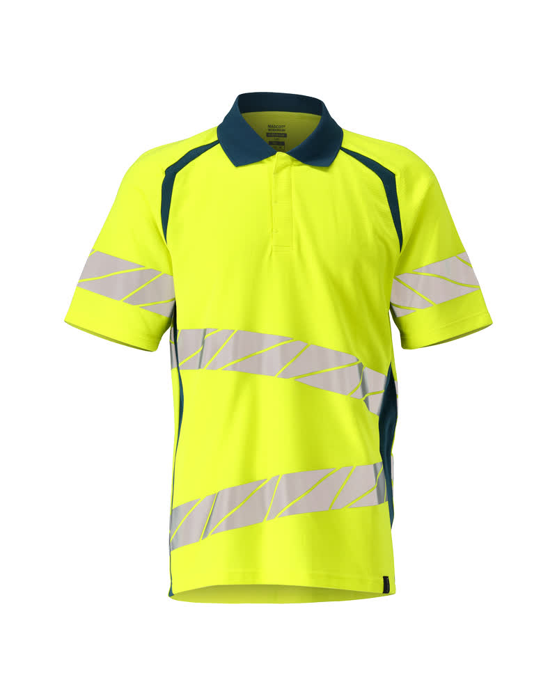 MASCOT® ACCELERATE SAFE Polo-Shirt, zweifarbige Warnschutzbekleidung in Hi-Vis Gelb/Dunkelpetroleum mit breiten Reflexstreifen, Größe 2XL