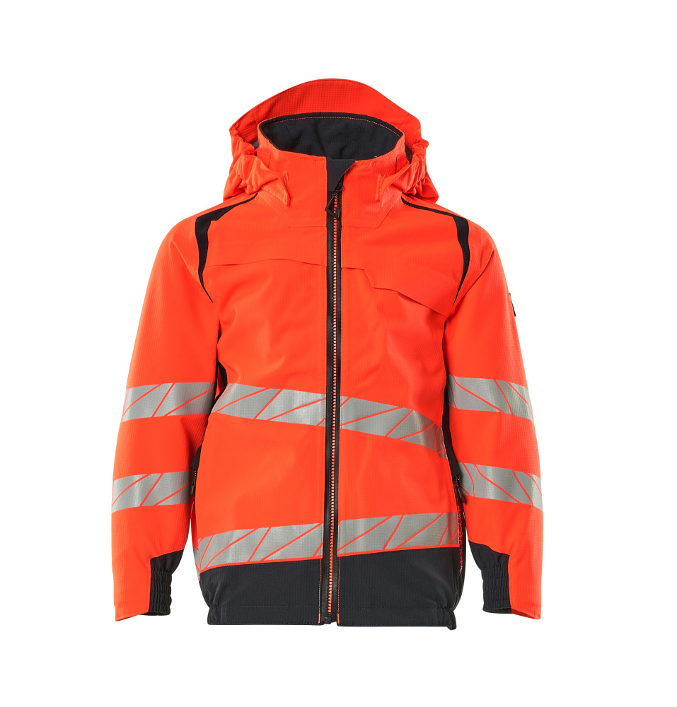 MASCOT® ACCELERATE SAFE Hardshelljacke für Kinder in Hi-Vis Rot/Schwarzblau, wasserdichte Warnschutzjacke mit Reflexstreifen, Größe 104, Frontansicht