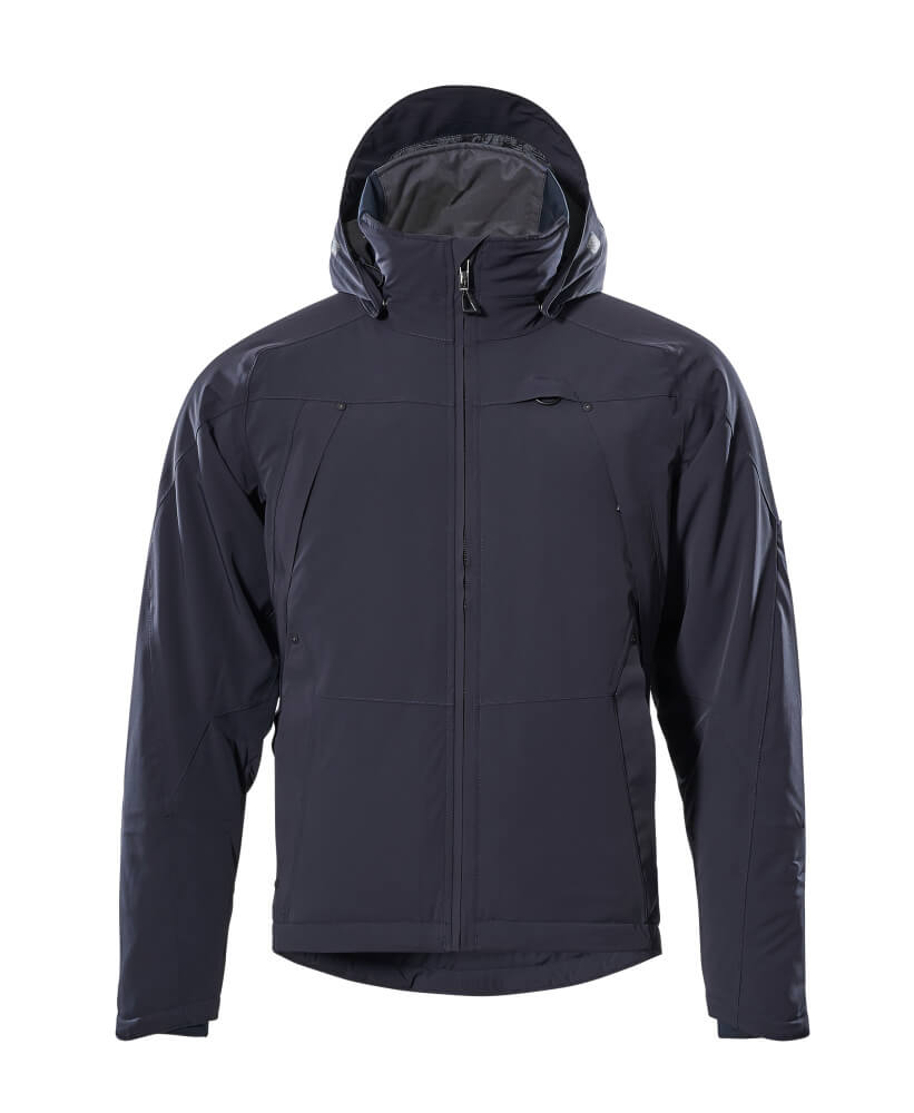 MASCOT® ADVANCED Winterjacke in Schwarzblau aus elastischem Stretchgewebe mit abnehmbarer Kapuze, CLIMASCOT® Steppfutter, Reißverschlusstaschen und wind- sowie wasserdichter Verarbeitung in Größe 2XL
