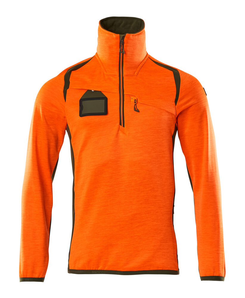 Vorderansicht eines orangefarbenen, langärmligen Arbeits-Pullovers mit hohem Reißverschlusskragen, Kontrastdetails und Brusttasche