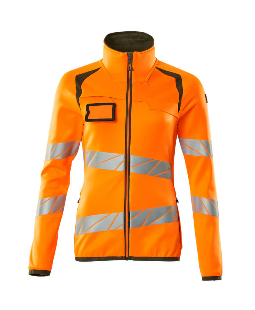 MASCOT® ACCELERATE SAFE Fleecejacke in Damenpassform, zweifarbige Warnschutzjacke Hi-Vis Orange/Moosgrün 2XL mit reflektierenden Streifen vorne