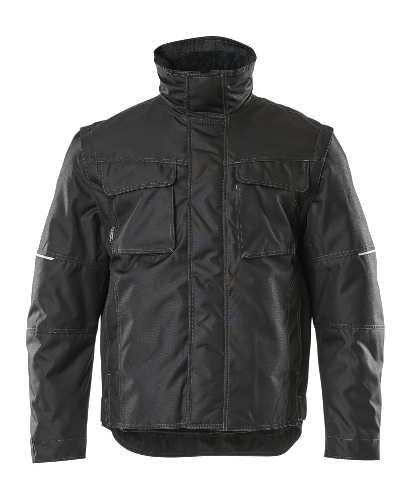 Schwarze, gefütterte Arbeitsjacke für Herren mit hohem Stehkragen, zwei Brusttaschen mit Patten und robustem Obermaterial