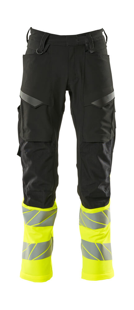 MASCOT® ACCELERATE SAFE zweifarbige Warnschutzhose mit Knietaschen, Schwarz/Hi-vis Gelb, Modell 76C46 für hohe Sichtbarkeit im Arbeitseinsatz