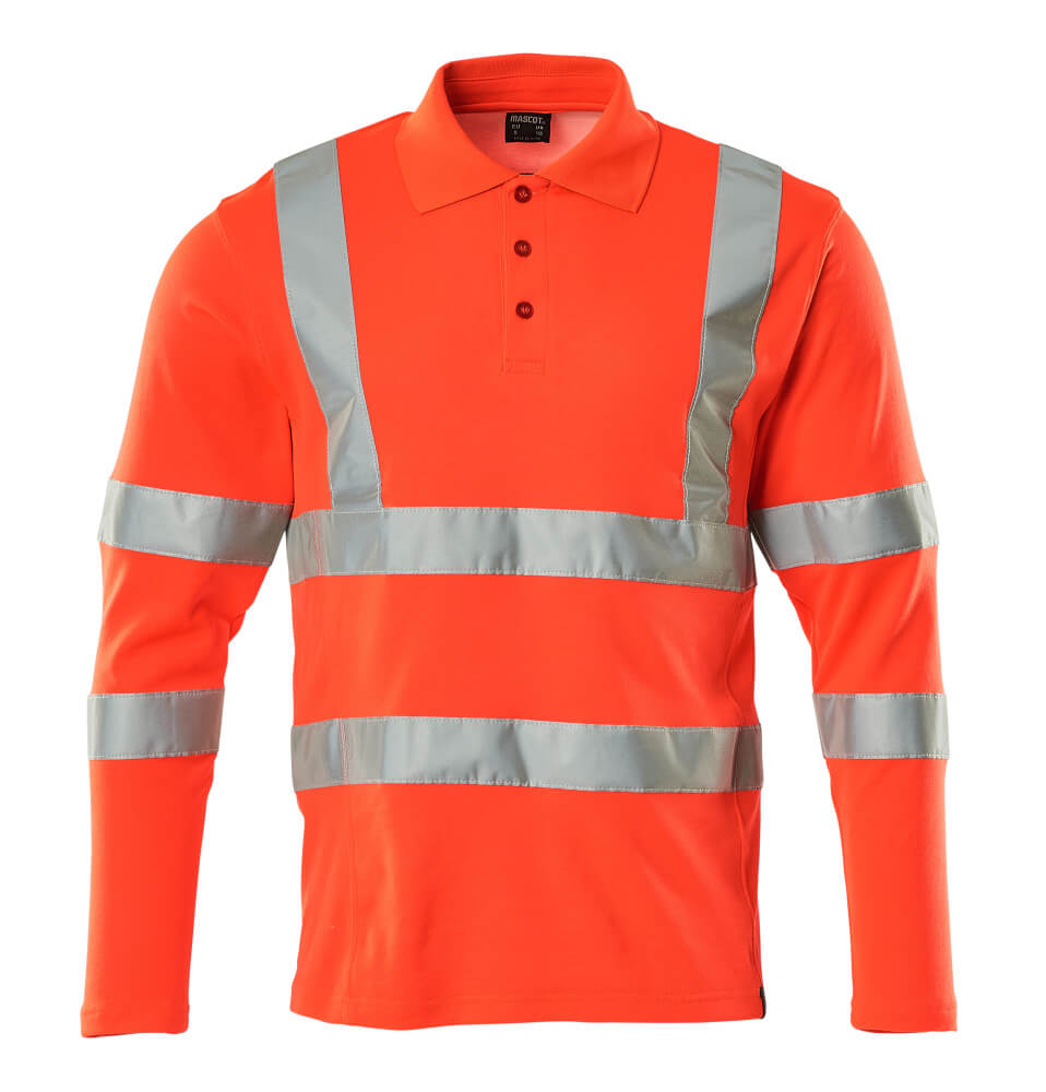 MASCOT® SAFE CLASSIC langärmliges Polo-Shirt in Hi-vis Rot, Größe 2XL, mit breiten silbernen Reflexstreifen als einfarbige Warnschutzbekleidung