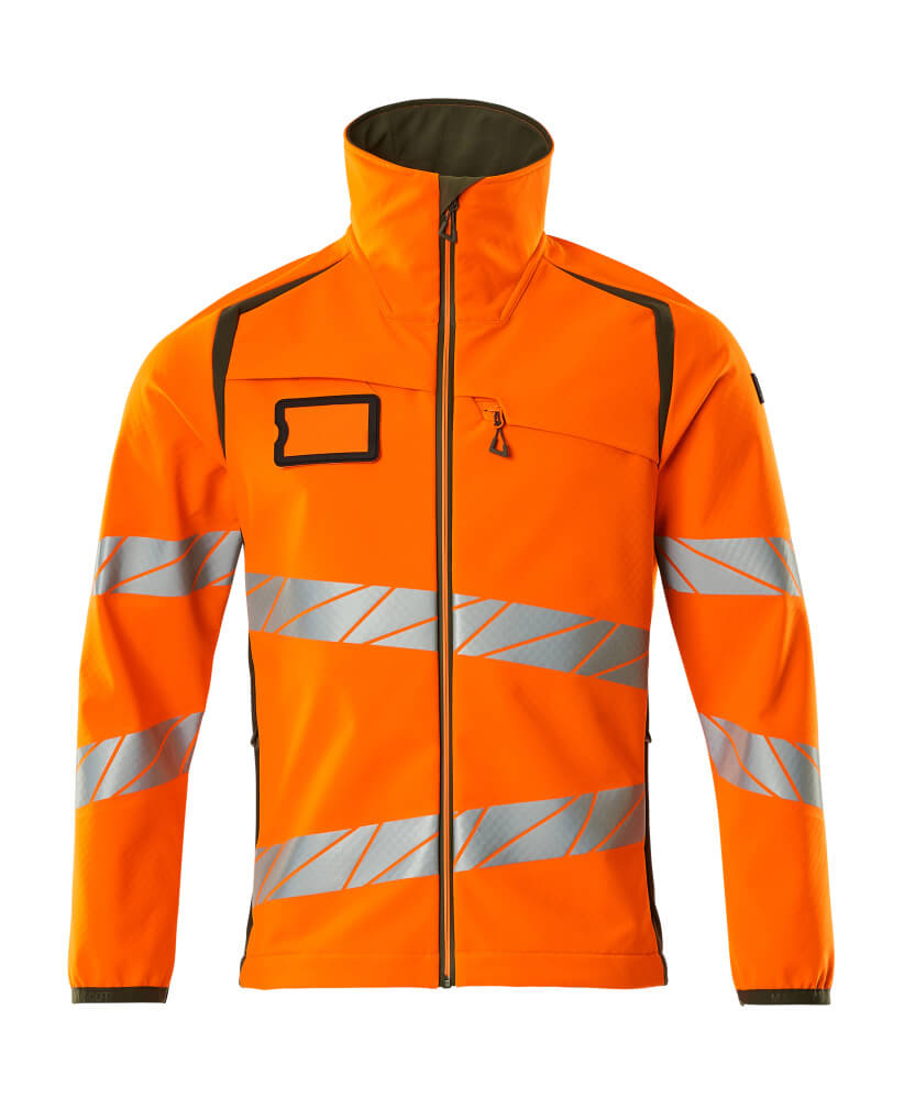 MASCOT® ACCELERATE SAFE Softshelljacke in Hi-Vis Orange/Moosgrün, Größe 2XL, zweifarbige Winterwarnschutzjacke mit Reflexstreifen für hohe Sichtbarkeit