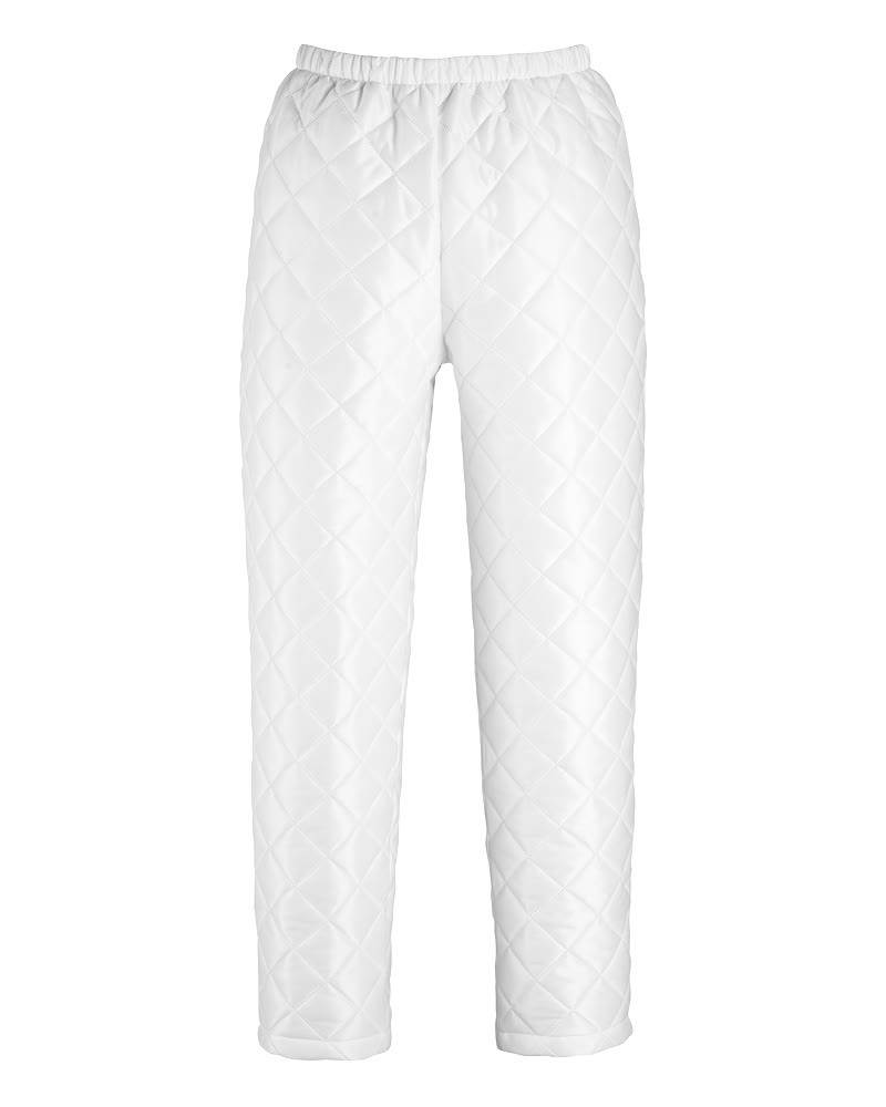 Weiße MASCOT® ORIGINALS Thermohose 2XL mit gesteppter Polyesterwattierung, Gummizug an der Taille und Druckknopfregulierung an den Fußgelenken, geeignet für Industriewäsche und Kochwäsche bis 95 °C.