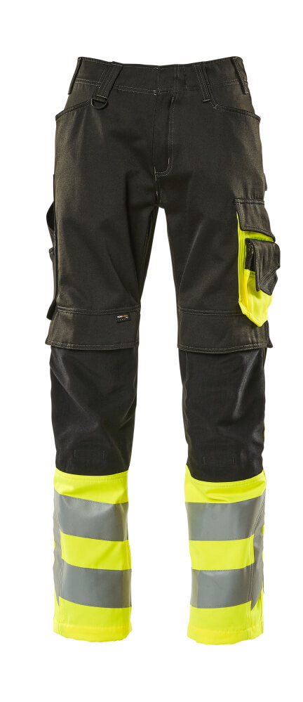 MASCOT® Leeds SAFE SUPREME Arbeitshose mit Knietaschen, zweifarbige Warnschutzbundhose in Schwarz/Hi-vis Gelb mit Reflexstreifen, Größe 76C46