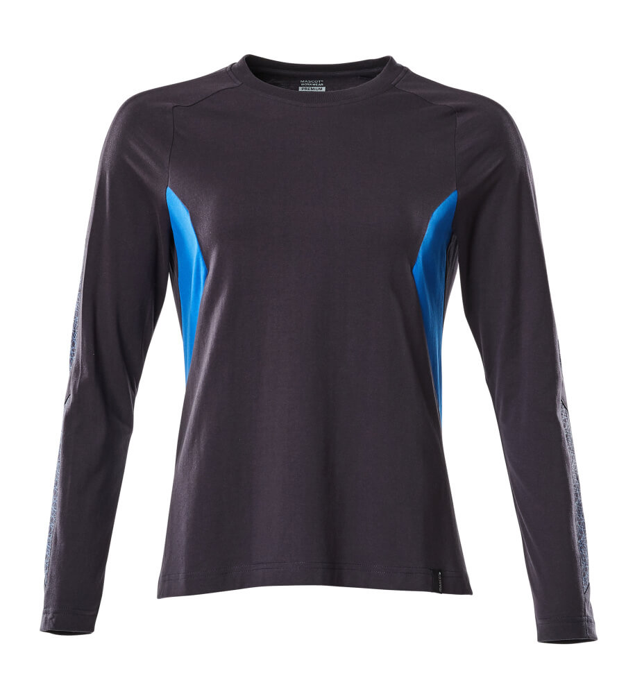 MASCOT® ACCELERATE Langarmshirt in Schwarzblau/Azurblau, taillierte Damenpassform mit Rundhalsausschnitt, langem Arm und elastischem Baumwoll-Polyester-Mischgewebe für Arbeitsbekleidung