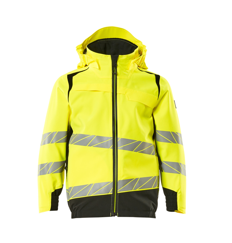 MASCOT® ACCELERATE SAFE Hardshelljacke für Kinder in fluoreszierendem Gelb/Schwarz, atmungsaktiv, wind- und wasserdicht mit Reflexstreifen und abnehmbarer Kapuze