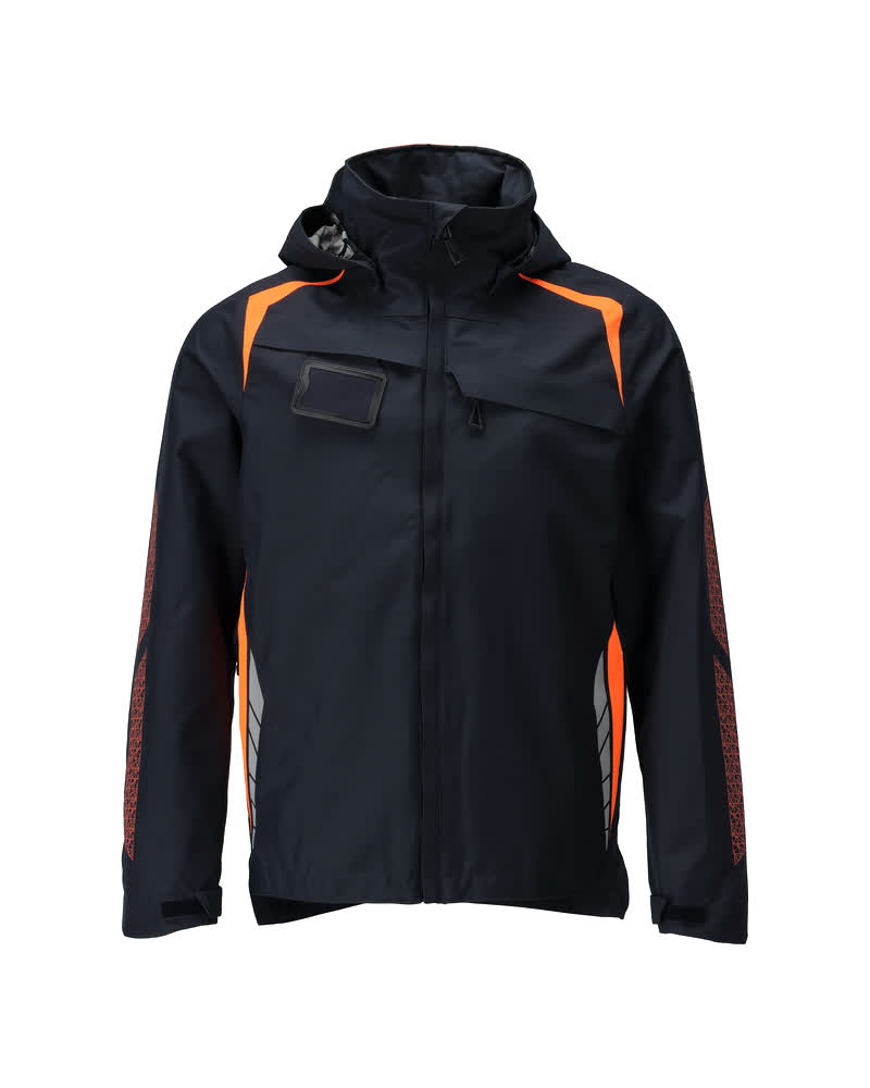MASCOT® ACCELERATE SAFE zweifarbige Hardshelljacke in Schwarzblau mit hi-vis Orange, atmungsaktiv, wind- und wasserdicht, mit abnehmbarer Kapuze, Reflexen und ID-Kartenhalter, Frontansicht
