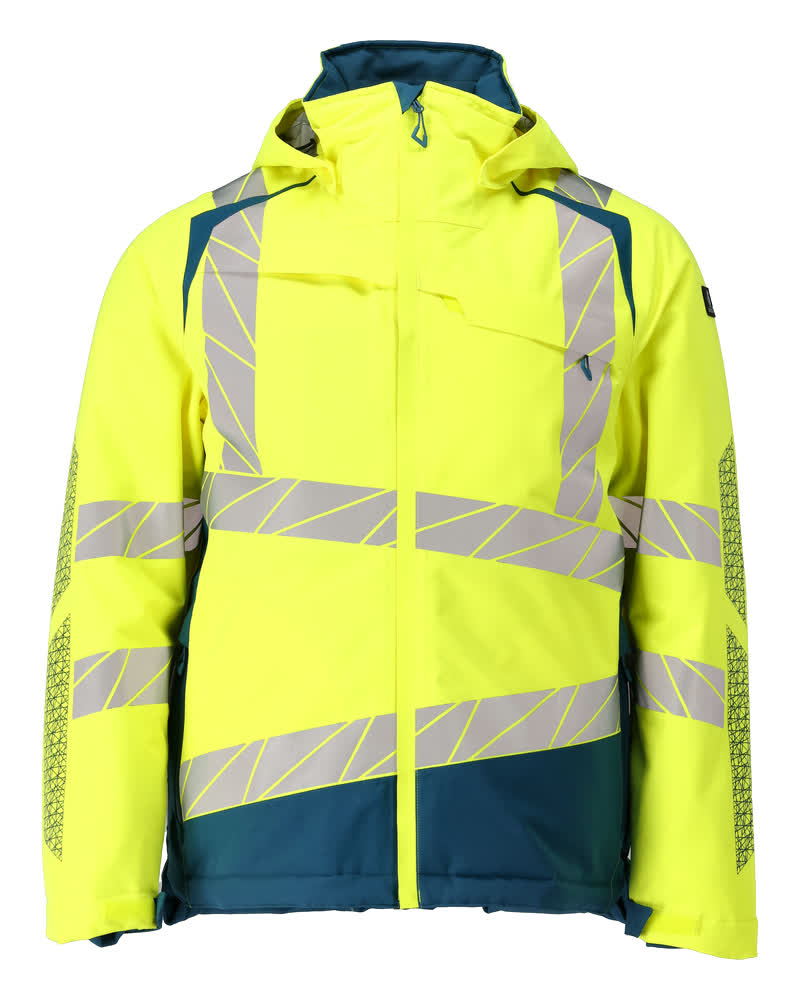 MASCOT® ACCELERATE SAFE Winterjacke in Hi-Vis Gelb/Dunkelpetroleum, Größe 2XL, zweifarbige Winterwarnschutzjacke mit Reflexstreifen für hohe Sichtbarkeit