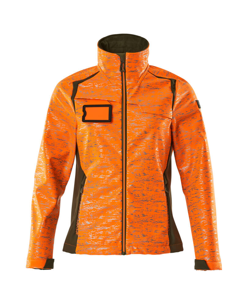 MASCOT® ACCELERATE SAFE Softshelljacke in Damenpassform, hi-vis Orange/Moosgrün, Größe 2XL – winddichte, atmungsaktive Winterwarnschutzjacke