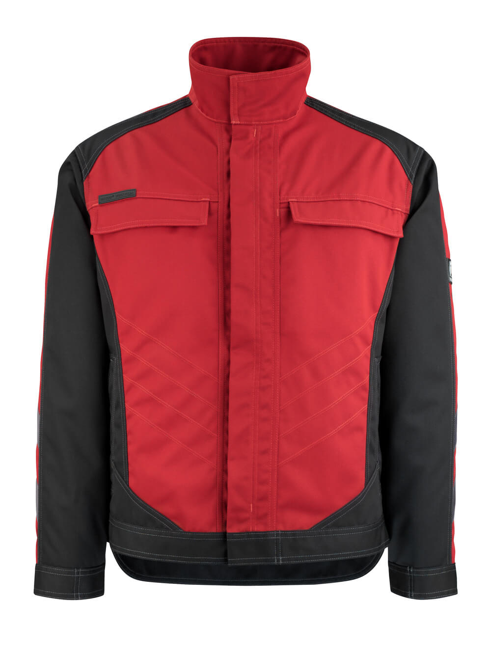 Vorderansicht der zweifarbigen MASCOT® Mainz UNIQUE Arbeitsjacke in Rot/Schwarz, mit Stehkragen, verdecktem Reißverschluss, Brusttaschen mit Patte und ergonomisch geschnittenen Ärmeln aus TENCEL®-Mischgewebe