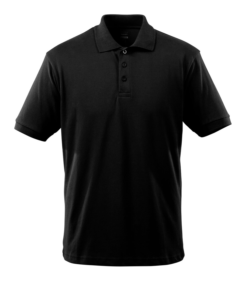 Produktfoto eines schwarzen Herren-Polo-Shirts mit Kragen, kurzer Knopfleiste und kurzen Ärmeln vor weißem Hintergrund