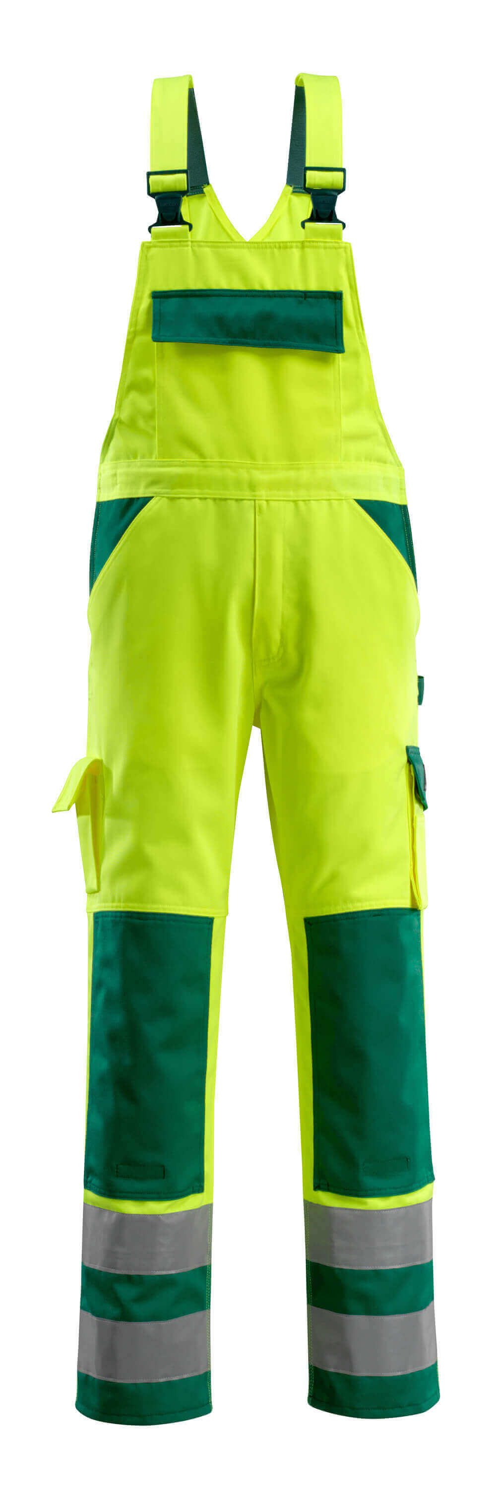 MASCOT® Barras SAFE COMPETE Warnschutz-Latzhose mit Knietaschen in Hi-Vis Gelb/Grün, reflektierenden Streifen, robusten Dreifachnähten und verstellbaren Trägern