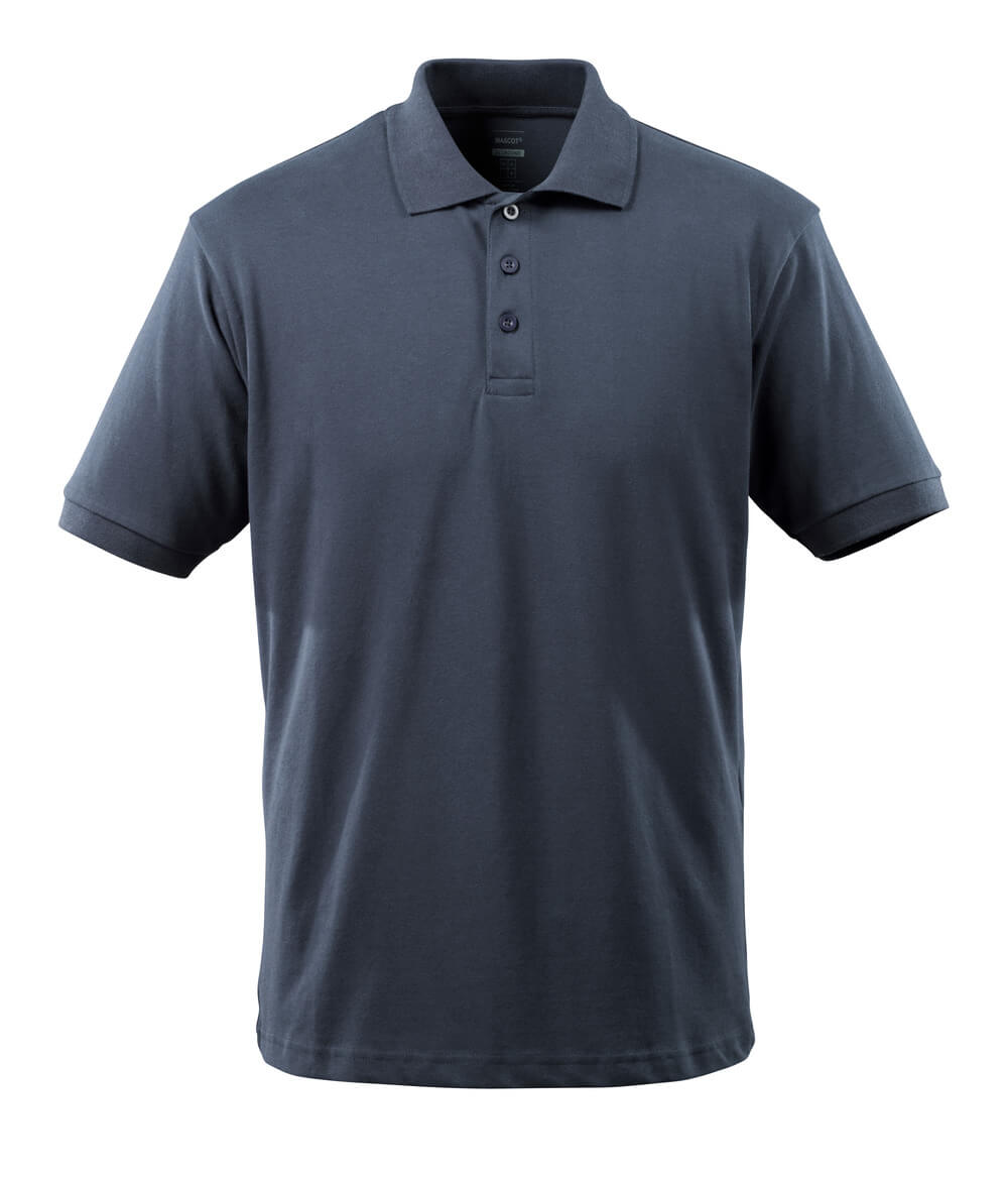 Schlichtes dunkelblaues Herren Poloshirt mit Kragen, kurzer Knopfleiste und kurzen Ärmeln, frontal freigestellt
