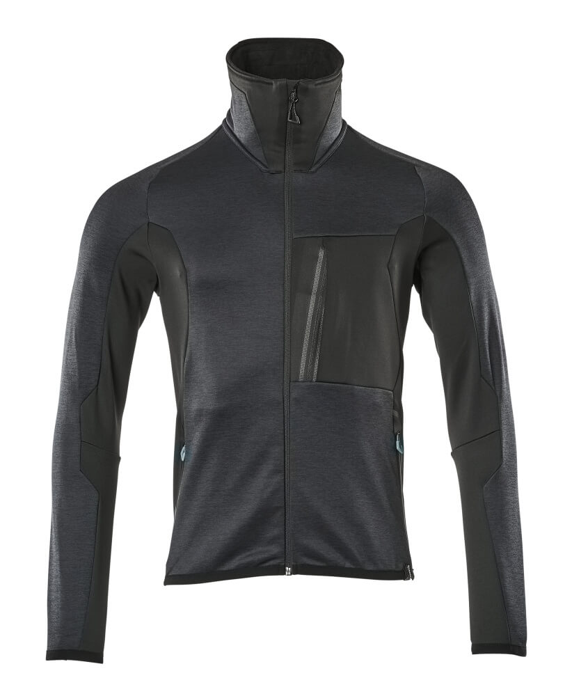 Zweifarbige MASCOT® ADVANCED Fleecejacke in Schwarzblau/Schwarz, körpernahe Passform, Stehkragen, Reißverschlusstaschen und Stretch für hohe Bewegungsfreiheit