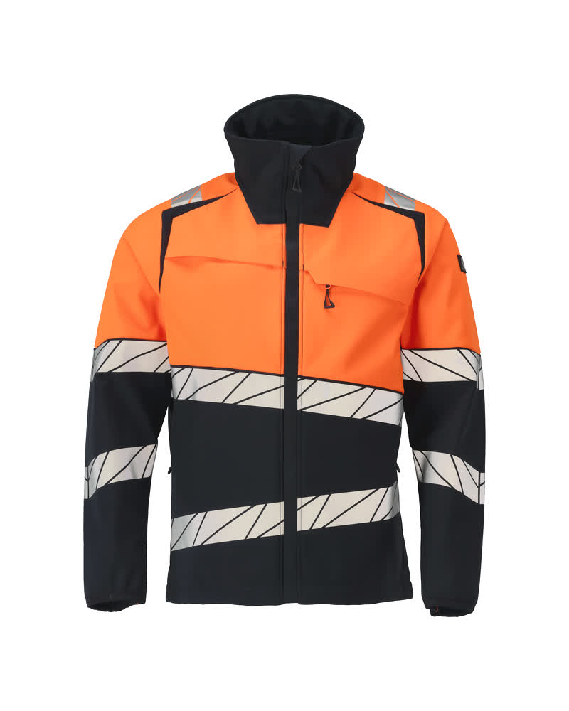 MASCOT® ACCELERATE SAFE Softshelljacke, zweifarbige Winterwarnschutzjacke in Schwarzblau/Hi-vis Orange mit reflektierenden Streifen, atmungsaktiv, winddicht und wasserabweisend