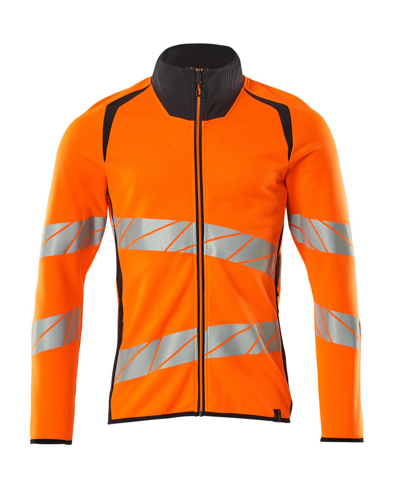 MASCOT® ACCELERATE SAFE Warnschutz-Sweatshirt mit durchgehendem Reißverschluss in hi-vis Orange/Schwarzblau, elastische Reflexstreifen, moderne Passform, Größe 2XL