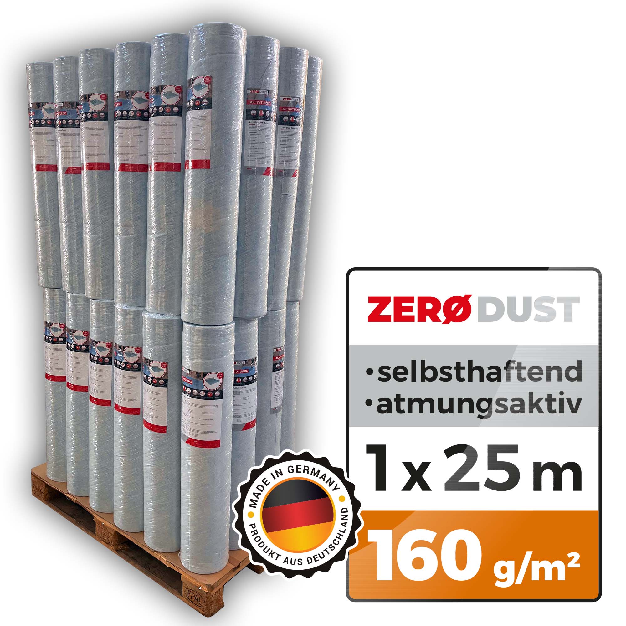 Palette mit ZERODUST Abdeckvlies-Rollen, selbsthaftend und atmungsaktiv, Größe 1 x 25 m, 160 g/m², Produkt aus Deutschland