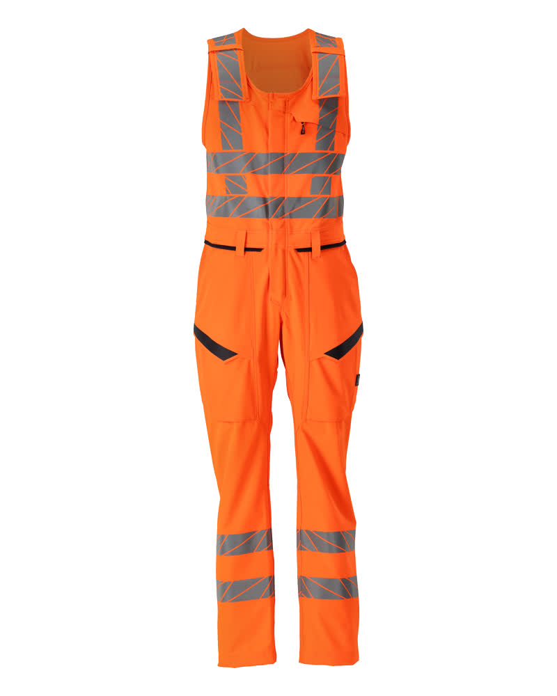 MASCOT® ACCELERATE SAFE Kombihose in fluoreszierendem Hi-Vis Orange mit vertikalem und horizontalem Reflexband, leichtem 4-Wege-Stretch, recyceltem Polyester und verstärkten Taschen für hohe Sichtbarkeit und Bewegungsfreiheit