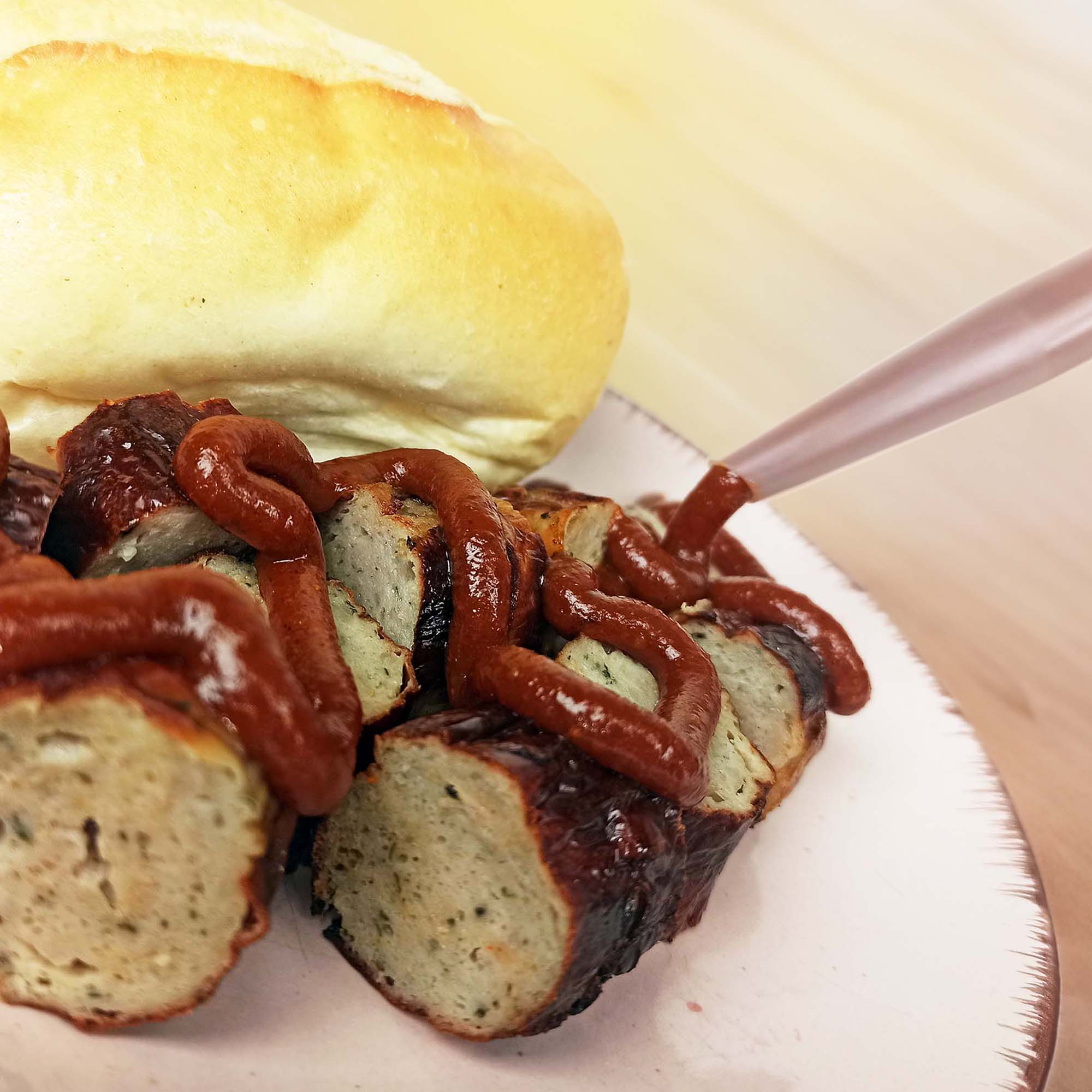 Bratwurst mit Grillikon Mix 2 Soße und Brötchen auf Teller