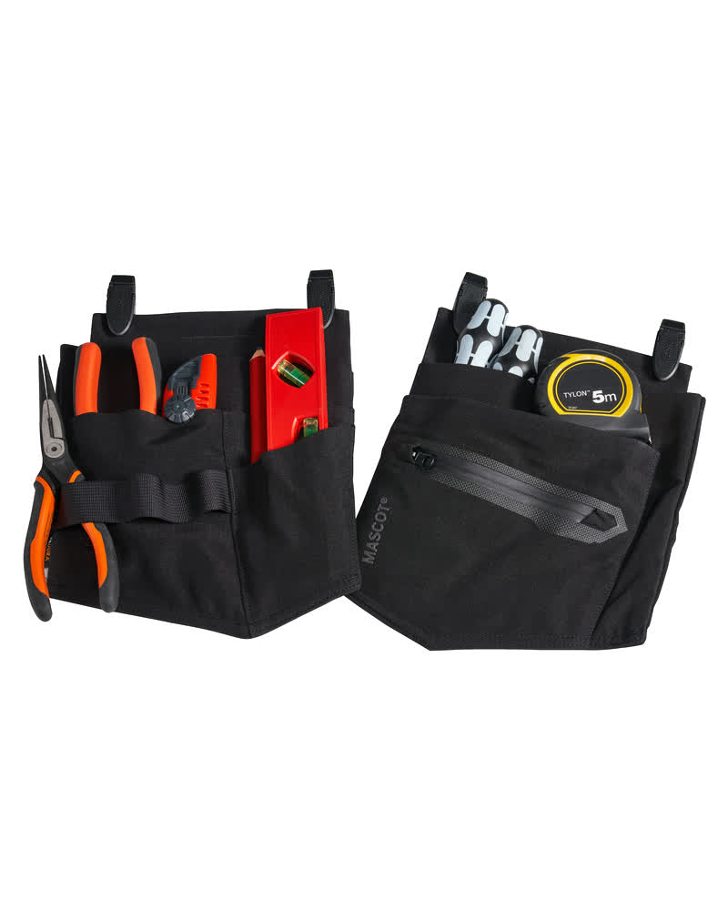 Schwarze MASCOT® CUSTOMIZED Hängetaschen für Handwerker, bestückt mit Werkzeug als Zubehör für Arbeitskleidung in Größe ONE