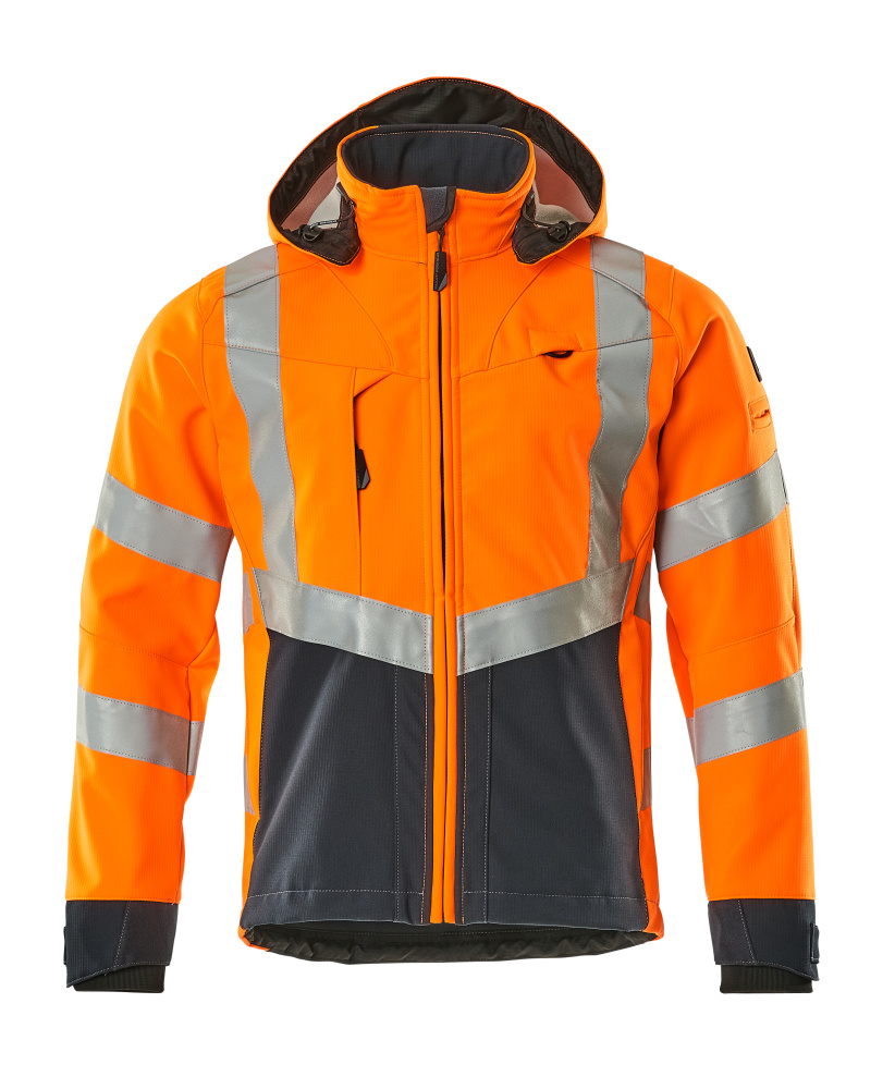 MASCOT® Blackpool SAFE SUPREME Softshelljacke in fluoreszierendem Orange/Schwarzblau, mit Reflexstreifen, abnehmbarer Kapuze und Fleece-Innenseite für Winterwarnschutz