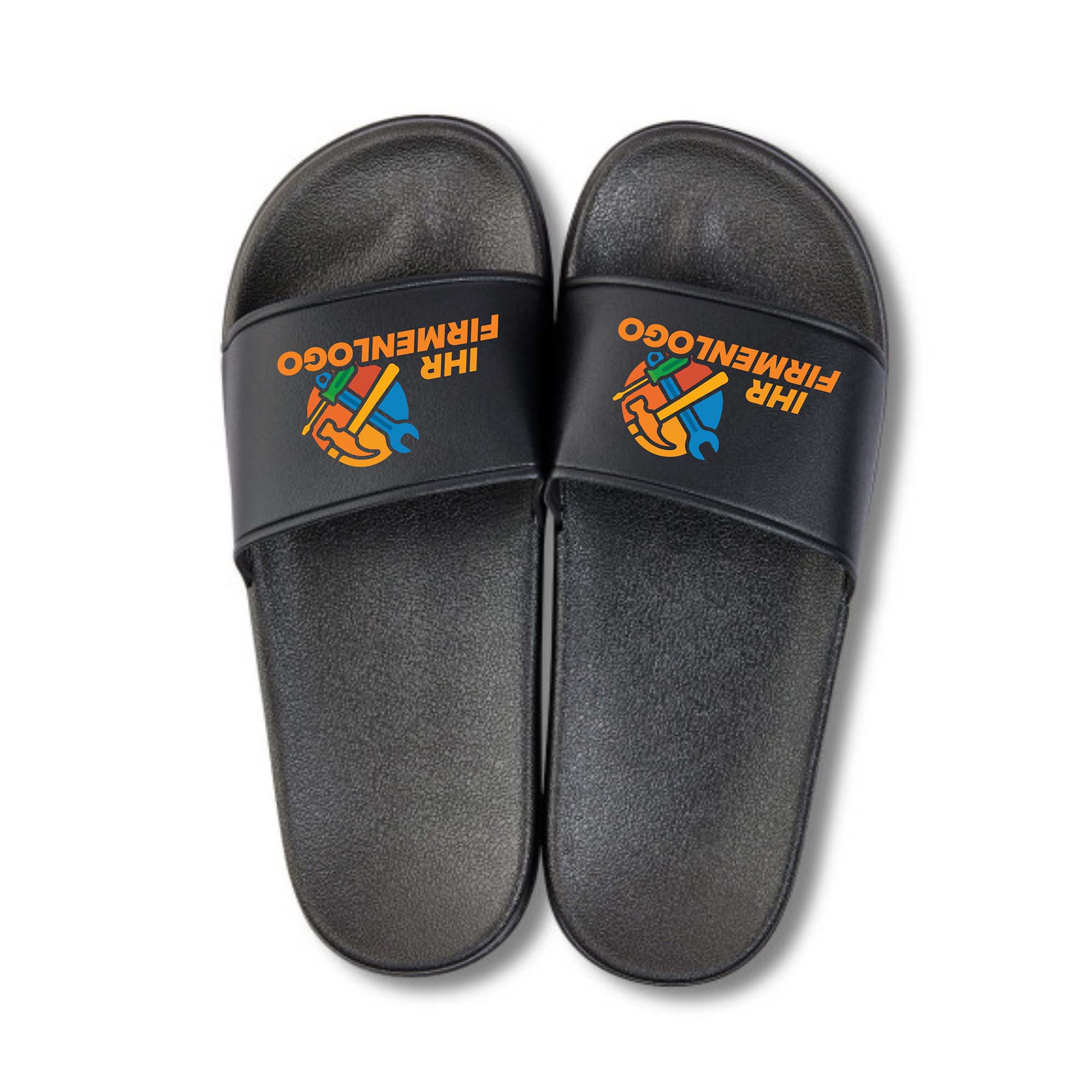 Schwarze Badeschlappen mit individuell bedrucktem Kundenlogo