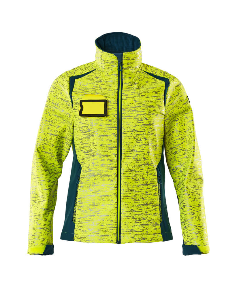MASCOT® ACCELERATE SAFE Softshelljacke für Damen, zweifarbige hi-vis Warnschutzjacke in leuchtgelb mit Kontrasteinsätzen, Frontreißverschluss und Stehkragen