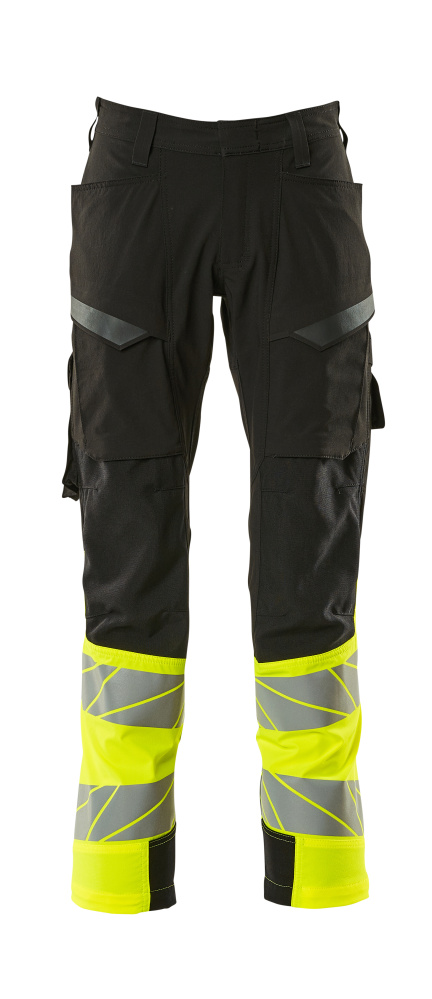 Zweifarbige MASCOT® ACCELERATE SAFE Warnschutzhose mit Schenkeltaschen in Schwarz/Hi-vis Gelb und reflektierenden Details, Modell 76C46