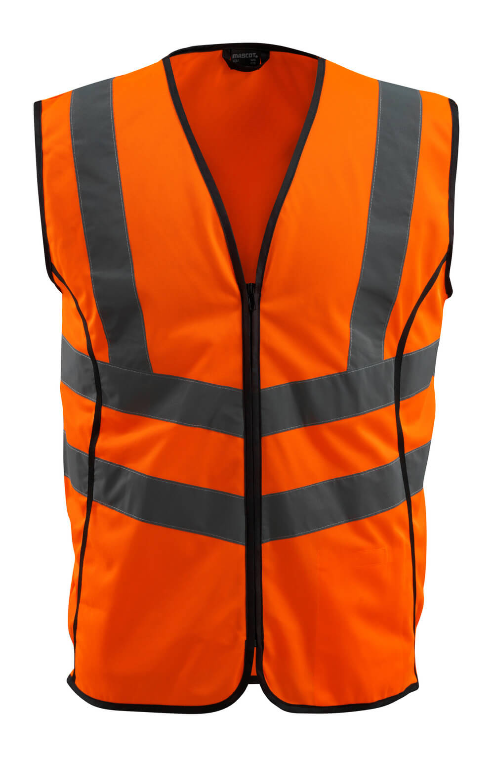 Frontansicht der fluoreszierenden MASCOT® Wingate SAFE SUPREME Warnweste in Hi-Vis Orange, mit Reflexschulterstreifen, schräg verlaufenden Reflexbändern und durchgehendem Reißverschluss, großzügig geschnitten zum Tragen über der Kleidung