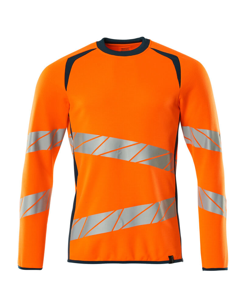 MASCOT® ACCELERATE SAFE Sweatshirt in fluoreszierendem Orange mit schrägen Reflexstreifen und schwarzen Kontrasten, zweifarbige Warnschutzbekleidung für hohe Sichtbarkeit