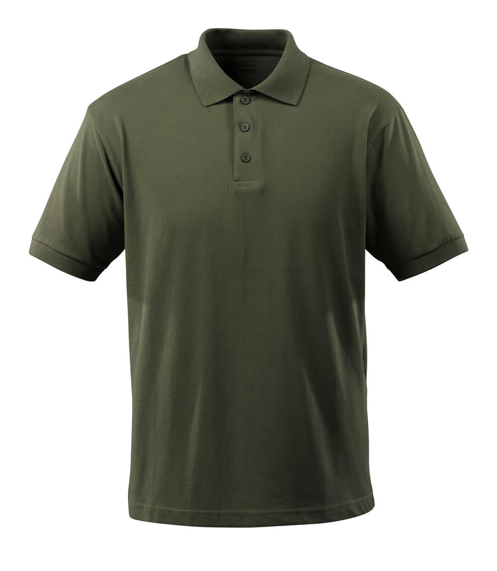 Olives Herren-Polo-Shirt aus Baumwolle mit Kragen, kurzer Knopfleiste und kurzen Ärmeln, frontal abgebildet
