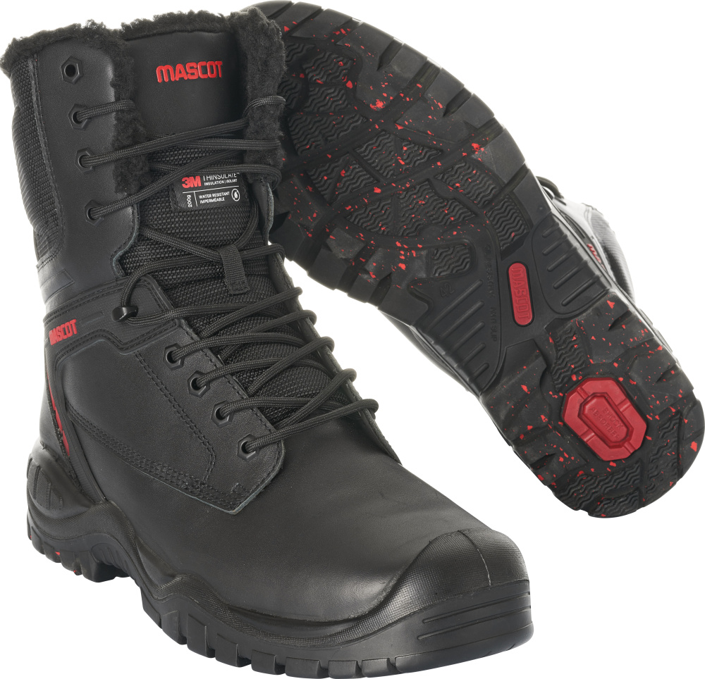 Schwarze MASCOT® FOOTWEAR INDUSTRY Sicherheitsstiefel mit ergonomischer Aluminium-Zehenschutzkappe, textilem Nageldurchtrittschutz, öl- und hitzebeständiger PU/Gummi-Laufsohle und rutschfester Profilsohle in Größe 39