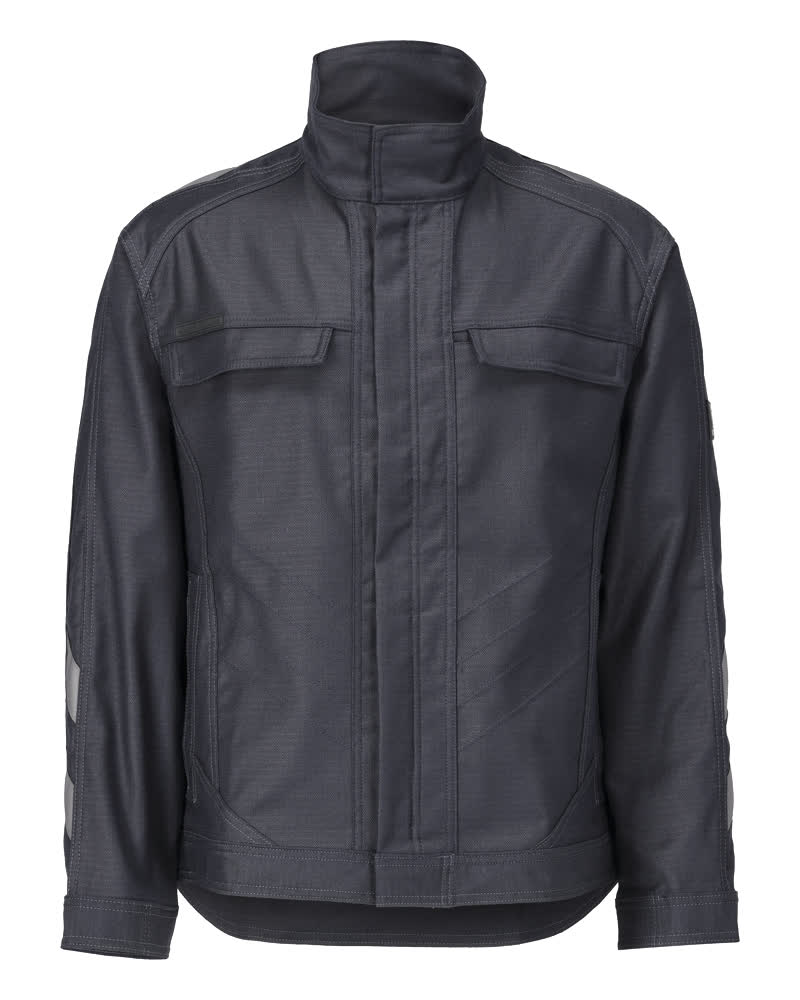 MASCOT® UNIQUE Arbeitsjacke in schwarzblau, robuste dreifache Kappnähte, Stehkragen, Reißverschluss mit Wetterschutzleiste, Brust- und Vordertaschen mit Druckknöpfen, Reflexeffekte