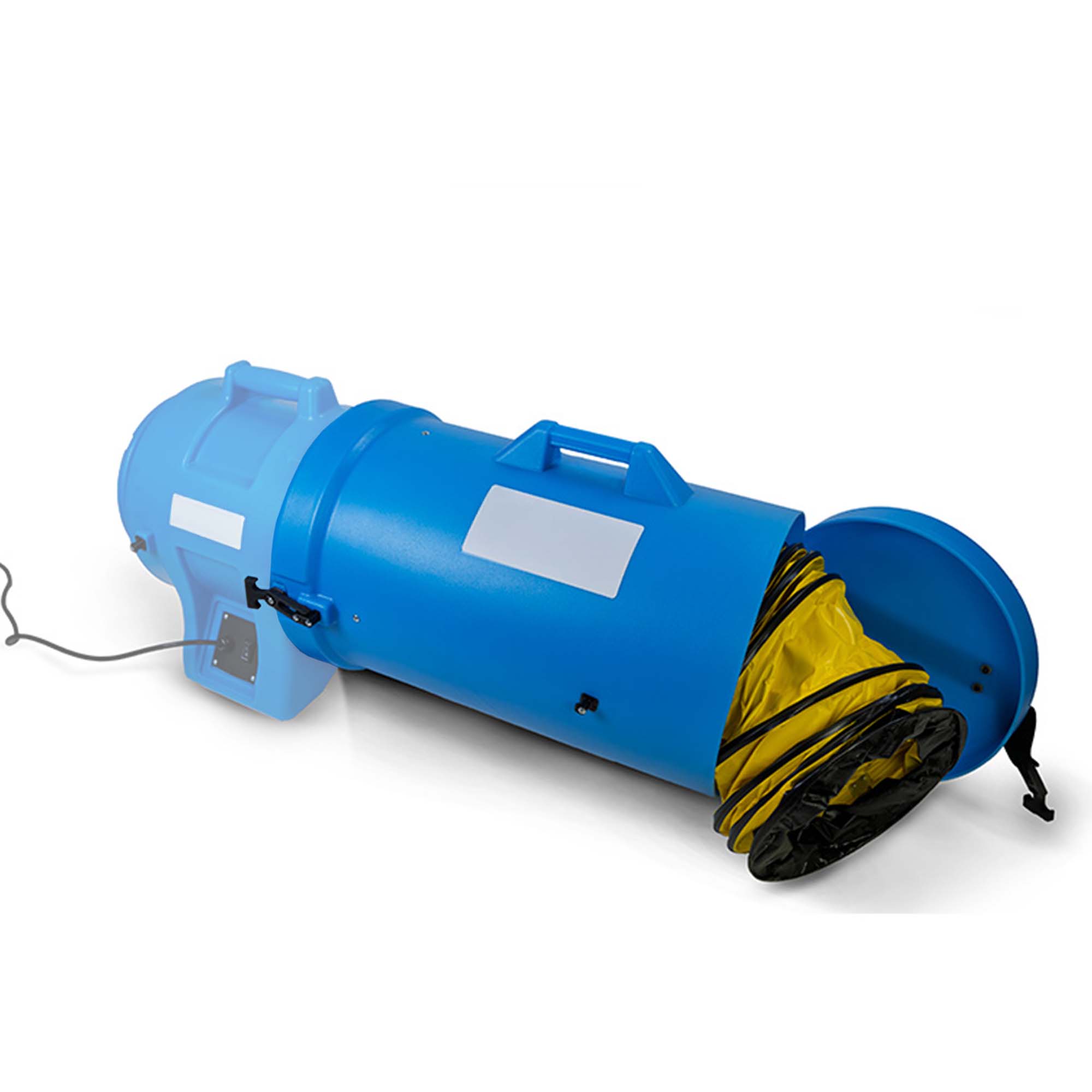 Blauer mobiler Rohrventilator mit gelbem Lüftungsschlauch