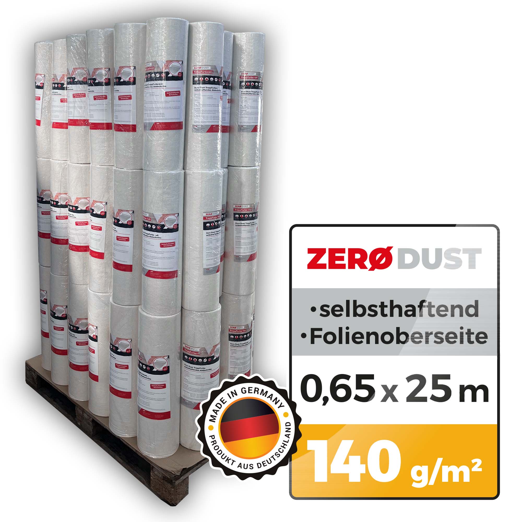 Palette mit ZERODUST selbsthaftendem Abdeckvlies, Rollen mit Folienoberseite in der Größe 0,65 x 25 m und 140 g/m², Produkt aus Deutschland