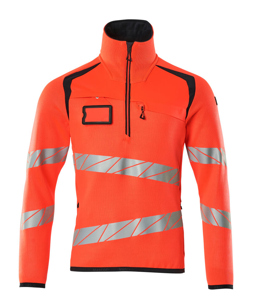 MASCOT® ACCELERATE SAFE Strickpullover mit kurzem Reißverschluss in Hi-vis Rot/Schwarzblau, zweifarbige Warnschutzbekleidung mit reflektierenden Streifen, Größe 2XL